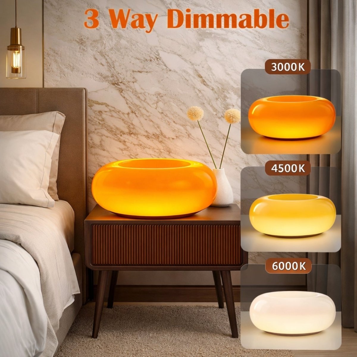  Comparison of 3000K warm, 4500K natural, and 6000K cool white light settings on Kouvr donut lamp.
 