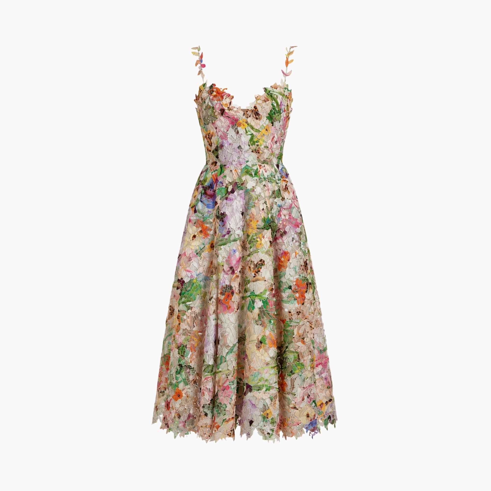 Flat lay front view of Kouvr romantic garden party 3D floral midi dress detailing the multi-color lace.