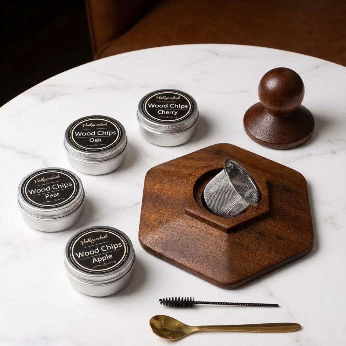 Premium Cocktail Smoker Kit for Whiskey & Bourbon – Wooden Drink Smoker Top with 4 Wood Chip Flavors – Old Fashioned Infuser Set