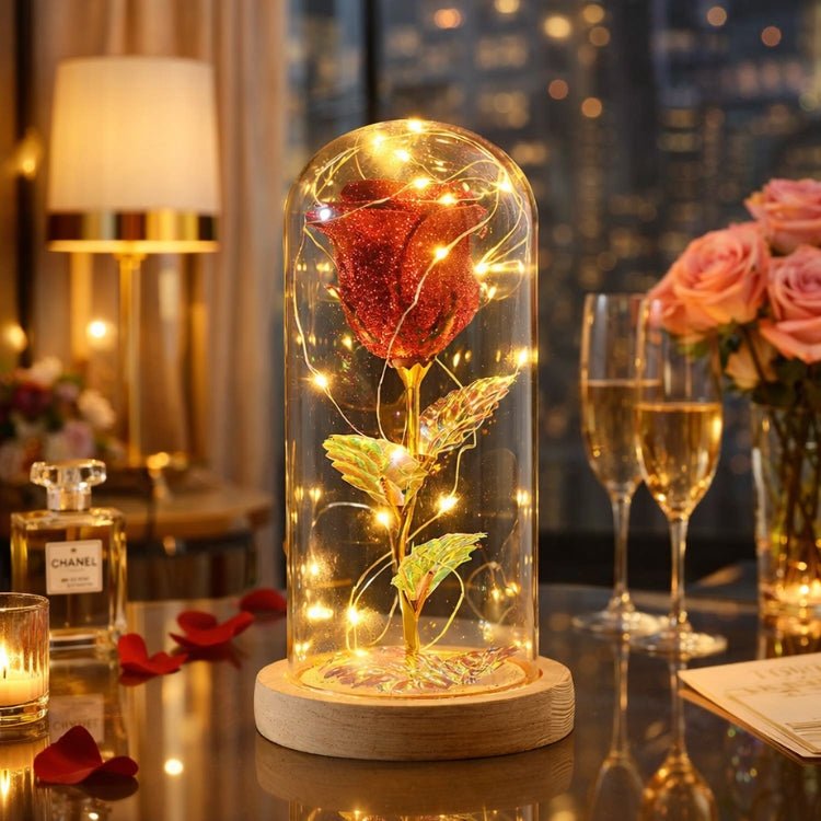 Enchanted Red Rose in Glass Dome | Romantic Gift for Her, Wife, Girlfriend | Forever Flower with LED Lights | Beauty and The Beast Rose Lamp