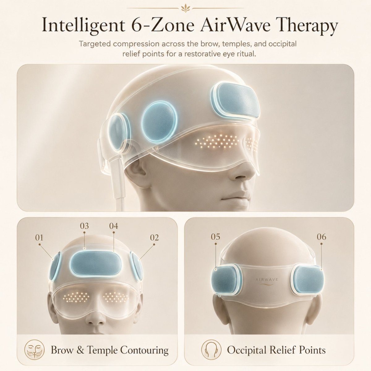 Anatomical product graphic showing the 6-zone AirWave therapy node locations for brow contouring, temple contouring, and occipital relief points on a human head model.