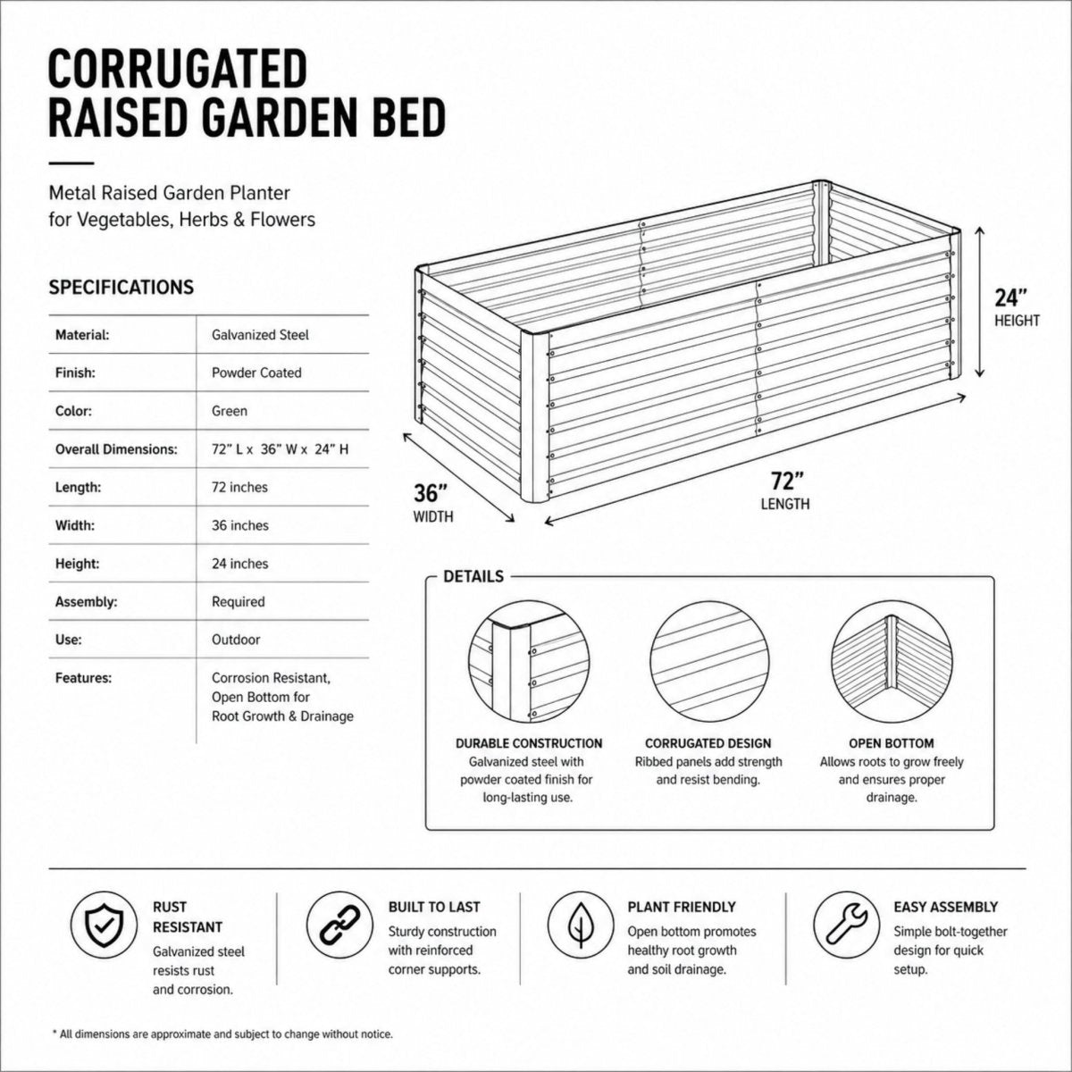 Detailed specification sheet for the Kouvr corrugated raised garden bed showing dimensions of 72 inches long by 36 inches wide by 24 inches high.