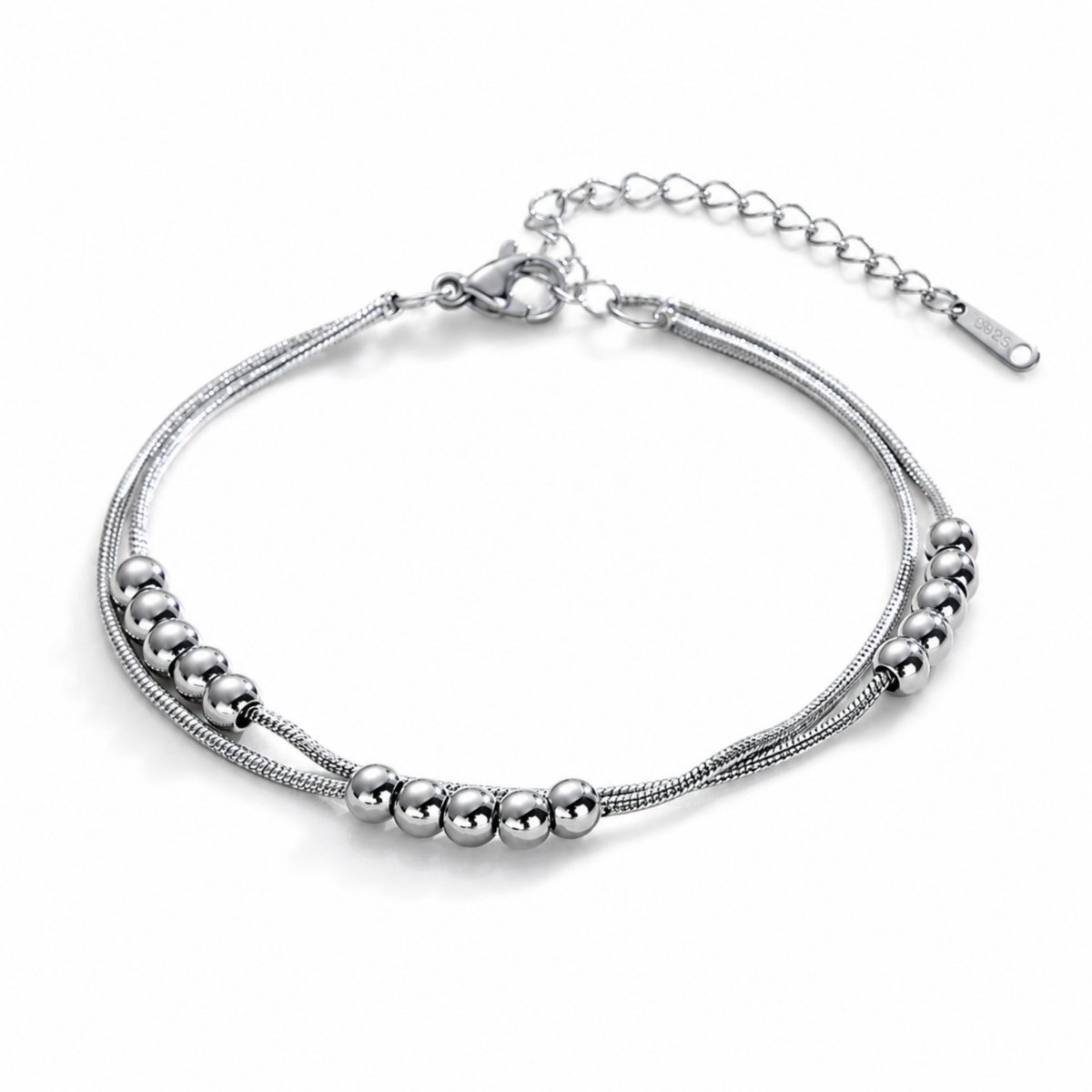 925 sterling silver double layered snake chain ankle bracelet with beads on a white background.