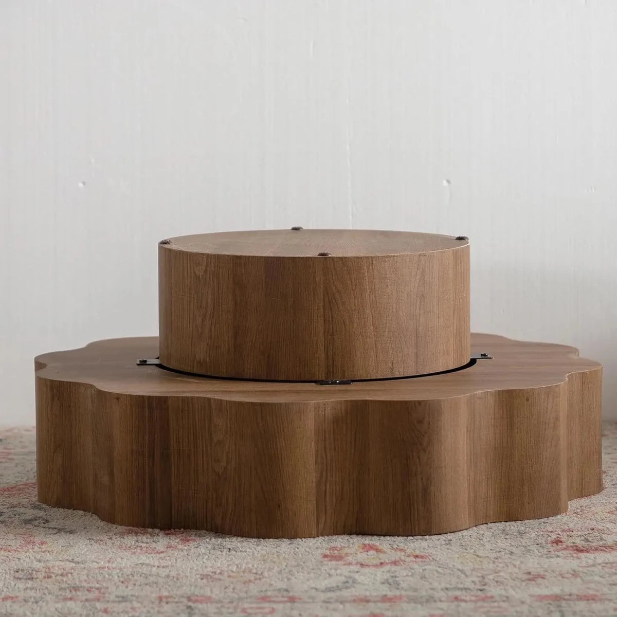 Farmhouse Design Mid Century Modern Low Pedestal Base Flower Shape Desktop Wood Coffee Table for Living Room Apartment
