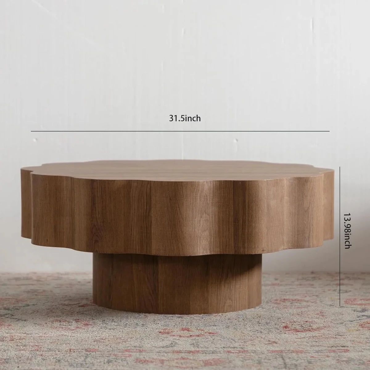 Farmhouse Design Mid Century Modern Low Pedestal Base Flower Shape Desktop Wood Coffee Table for Living Room Apartment