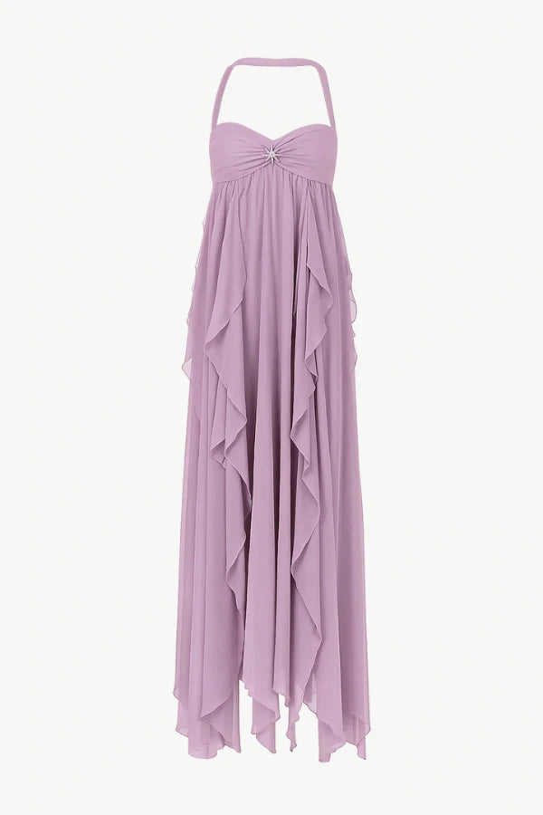 'ariel silhouette', 'Grecian goddess dress', 'cascading ruffle detail', 'asymmetrical hem', and 'sweetheart bodice