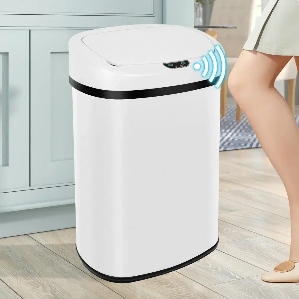 hygienic waste disposal," "odor-control garbage can," "fingerprint-resistant," "soft-close lid," and "battery-operated bin
