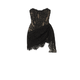 Weave semantically related terms into the description: "structured silhouette," "gothic romance," "boudoir-inspired," "eyelash lace," "asymmetrical hem," "bodycon fit.