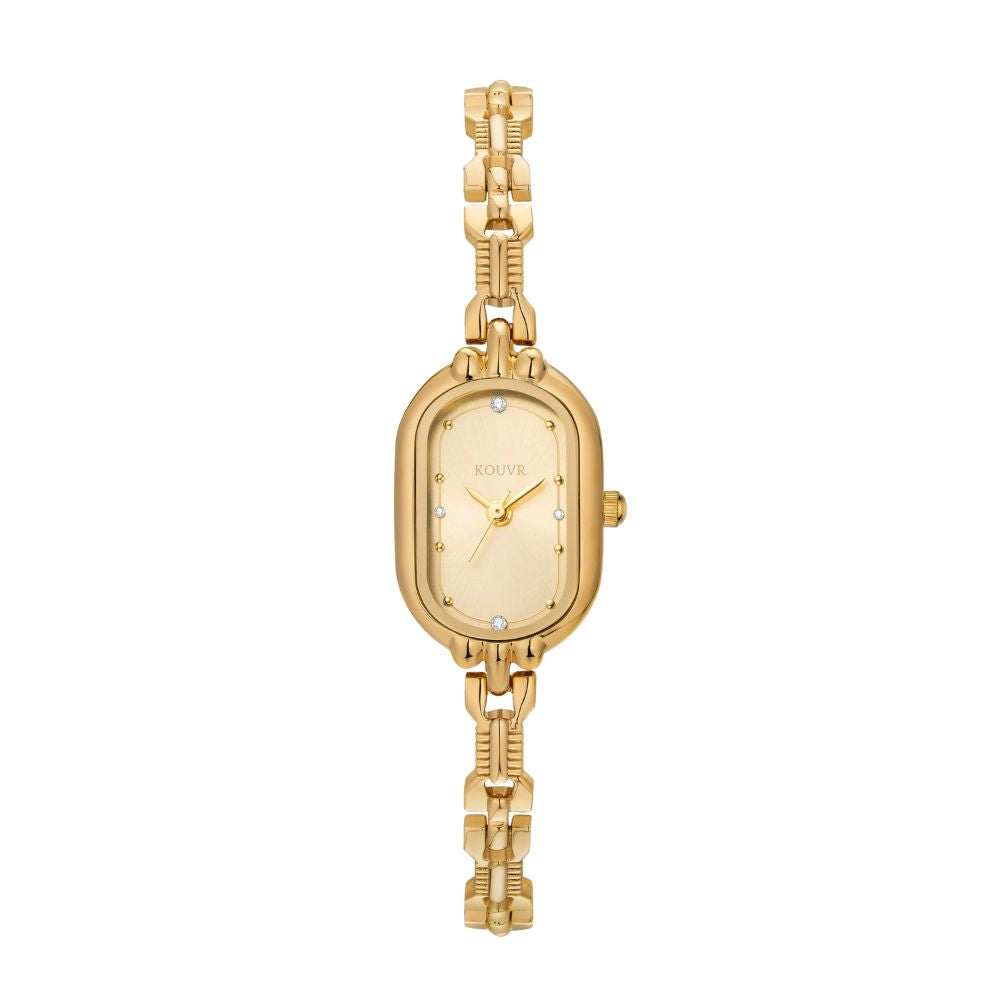 Gold Kouvr wristwatch with a chain strap on a white background