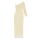 Model wearing the Kouvr Fashion Reese one shoulder satin gown in champagne ivory on a marble staircase