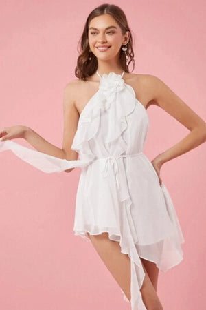 White Halter Romper with Ruffles| Flowy Chiffon Skort Dress for Bridal  Shower, Bachelorette Party, Vacation