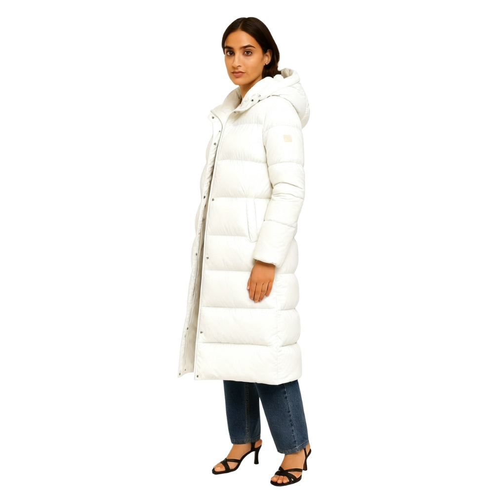 insulated outerwear," "quilted long coat," "winter staple," "investment piece