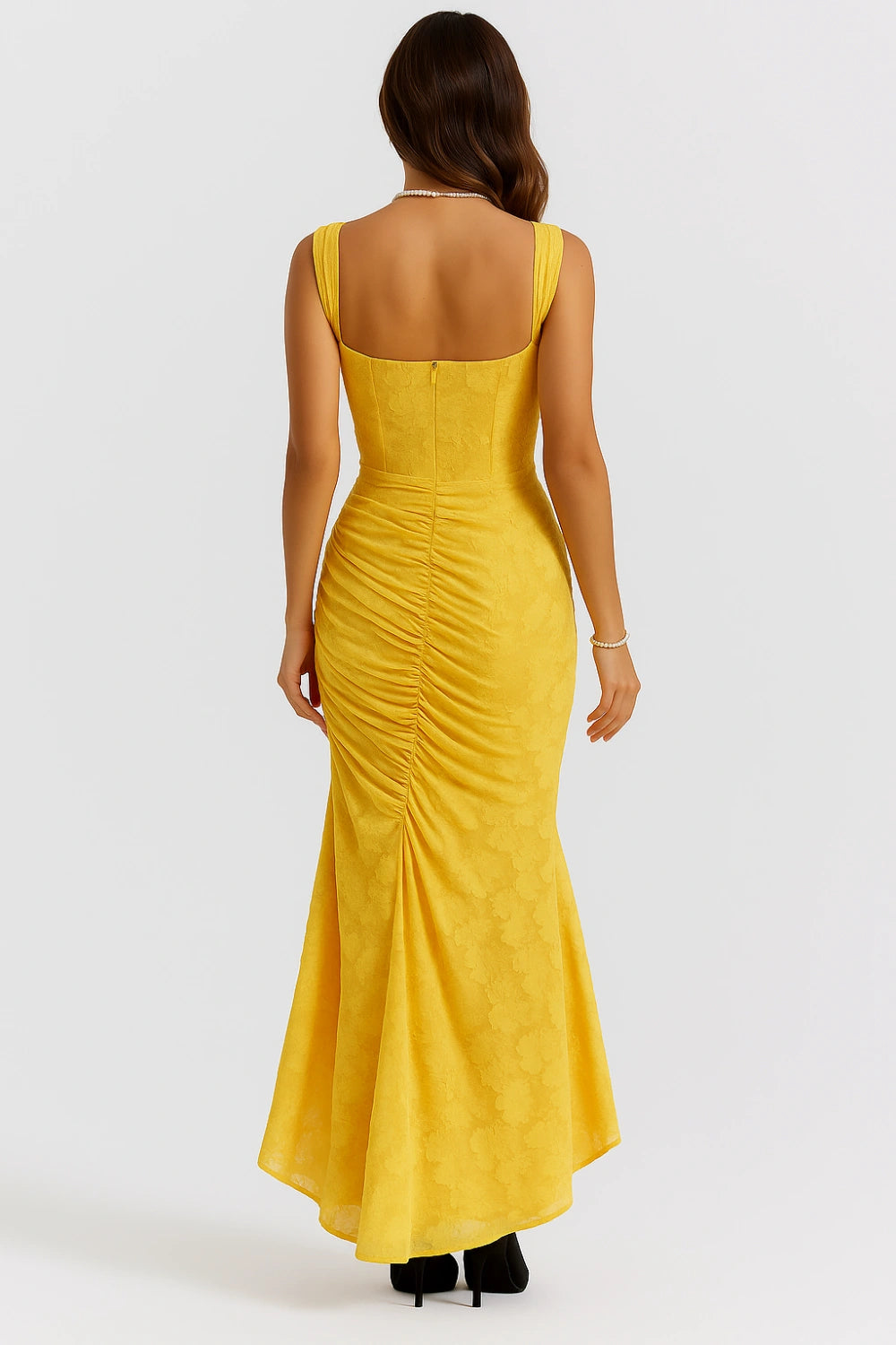 structured bodice, asymmetrical hem, bodycon silhouette, saffron yellow gown, and occasionwear