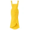 structured bodice, asymmetrical hem, bodycon silhouette, saffron yellow gown, and occasionwear