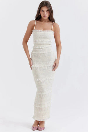 Ivory Ruched Maxi Dress | Tiered Ruffle Bodycon Formal Wedding Guest Gown | Spaghetti Strap Shirred Column Dress for Cocktail & Evening | Kouvr Fashion Ivory Ruched Maxi Dress | Tiered Ruffle Bodycon Formal Wedding Guest Gown | Spaghetti Strap Shirred Column Dress for Cocktail & Evening | Kouvr Fashion