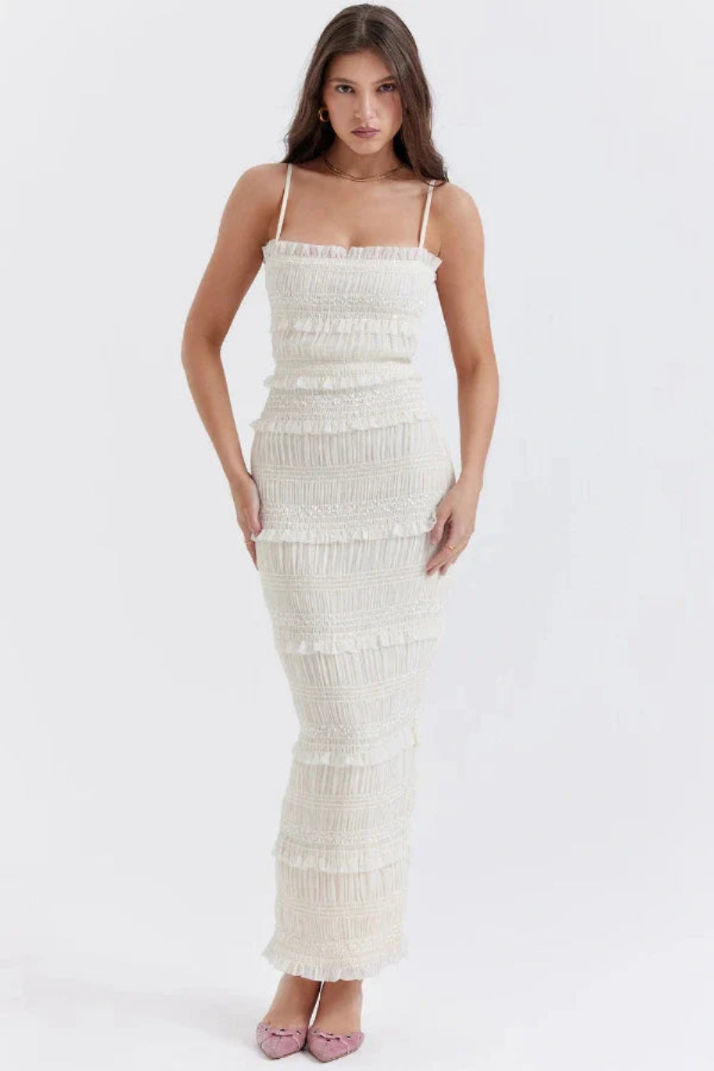 shirred, sculpts, georgette, column silhouette, and ceremonial elegance