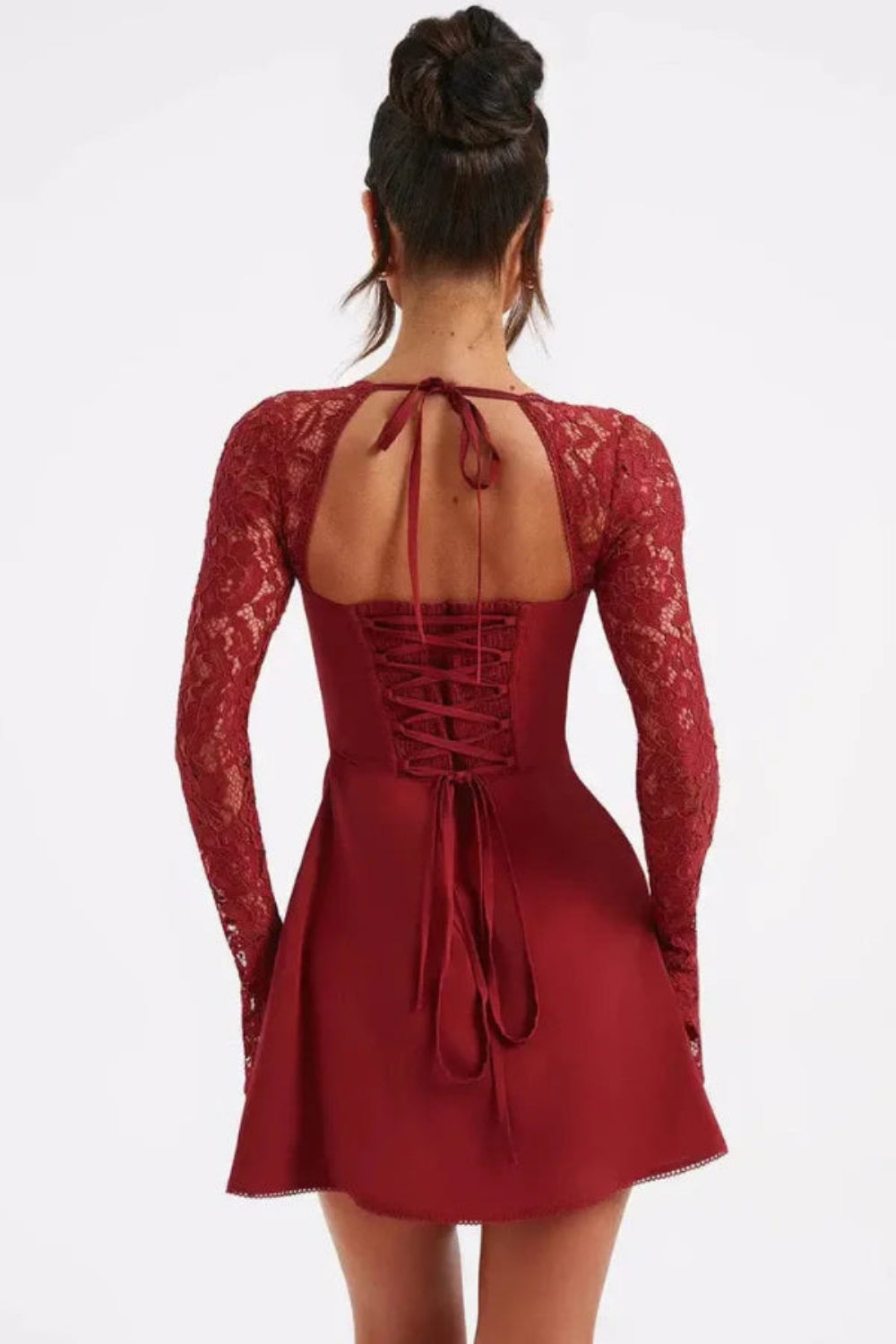 romantic cocktail dress, sweetheart neckline dress, open back lace dress, going out dress, crimson red dress