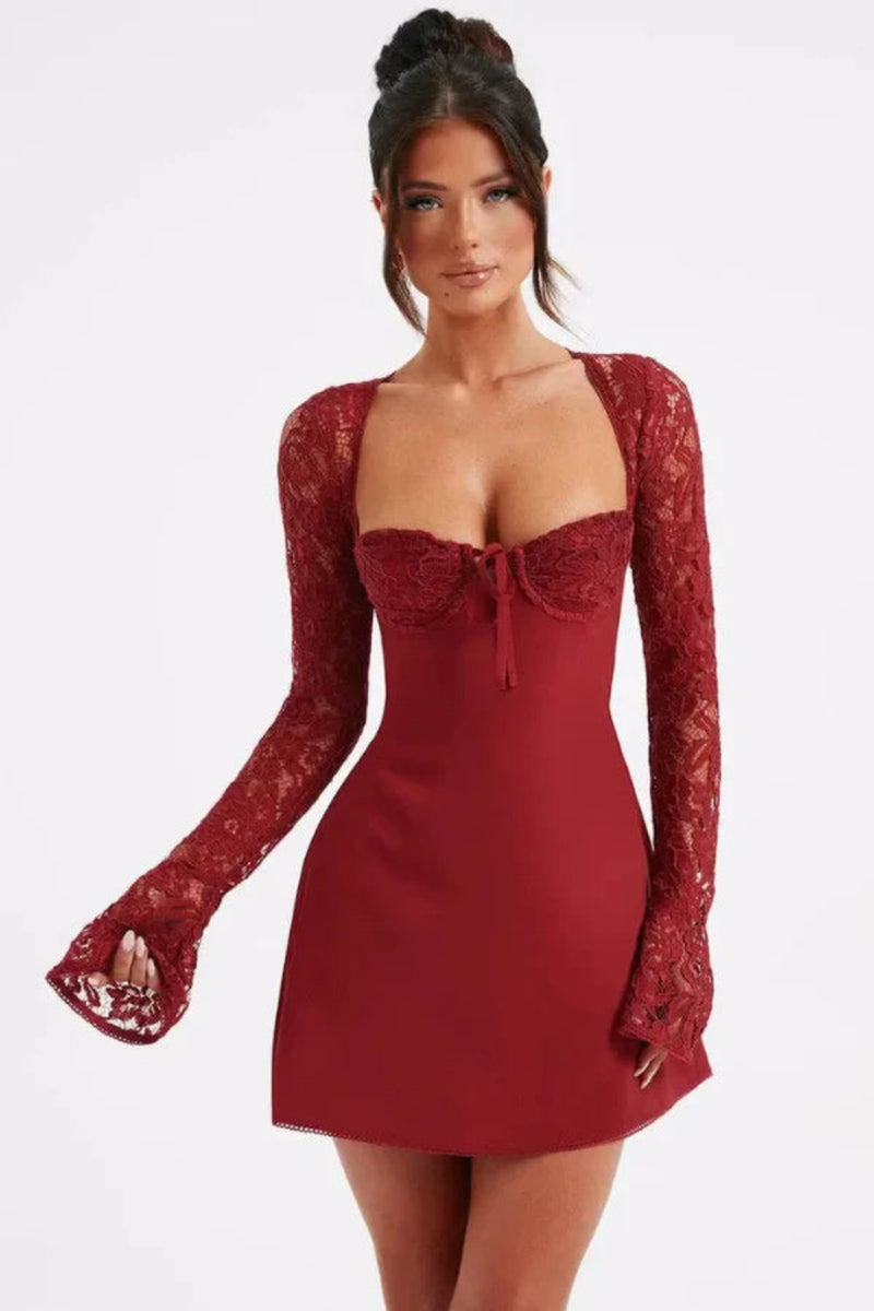 Red Lace Mini Dress with Long Sleeves & Corset Back | Romantic Sweetheart Neckline Cocktail Party Dress for Date Night Red Lace Mini Dress with Long Sleeves & Corset Back | Romantic Sweetheart Neckline Cocktail Party Dress for Date Night