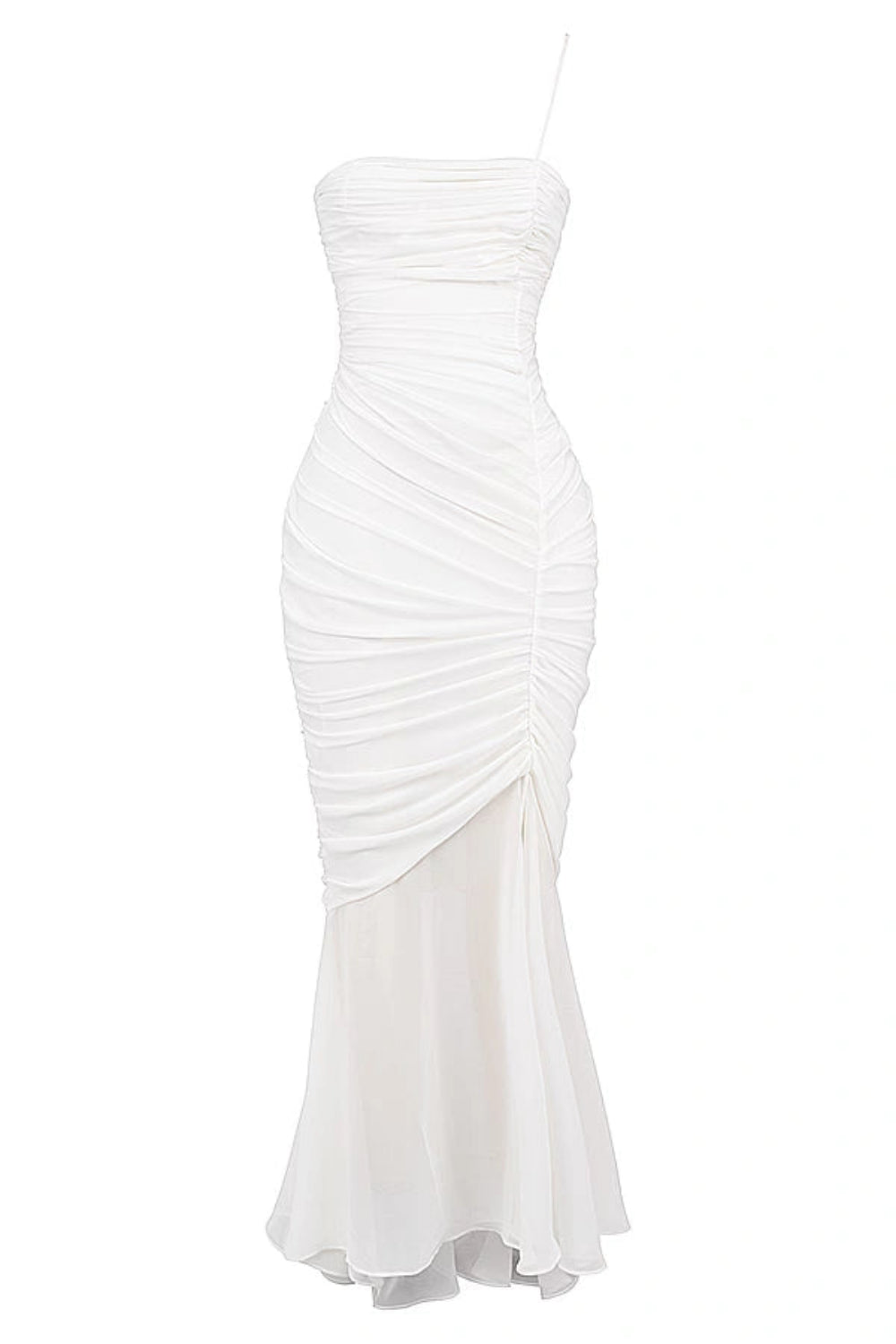 Model wearing the Kouvr Fashion Ruched white one-shoulder ruched maxi dress with a sheer mermaid hem and thigh-high slit