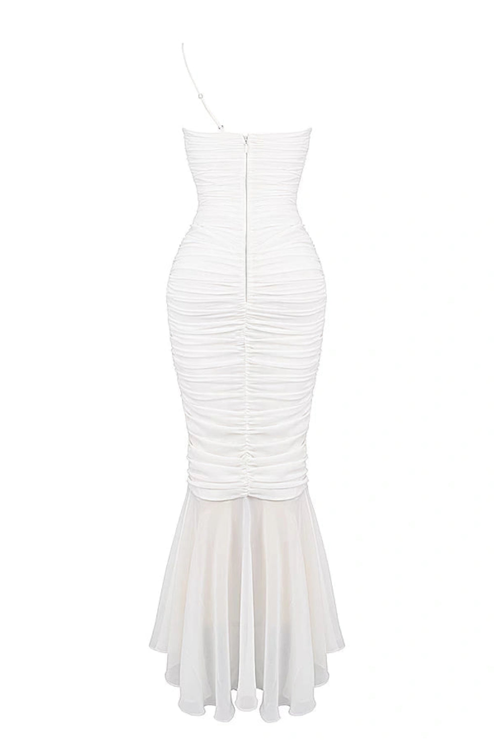 Model wearing the Kouvr Fashion Ruched white one-shoulder ruched maxi dress with a sheer mermaid hem and thigh-high slit