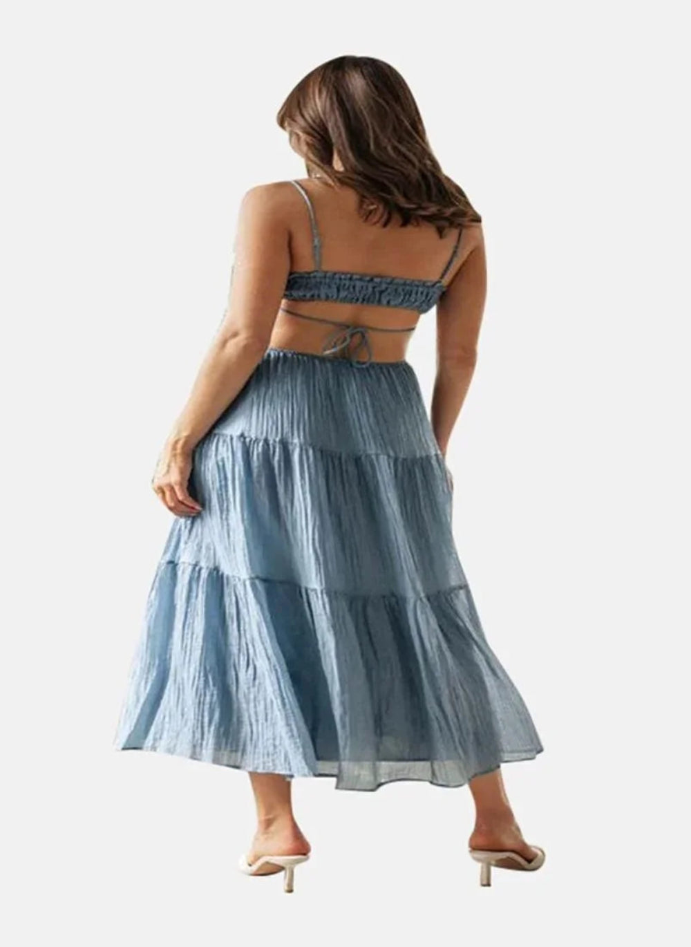 long flowy dress', 'open back dress', 'wedding guest outfit', 'lightweight travel dress', and 'adjustable bodice dress