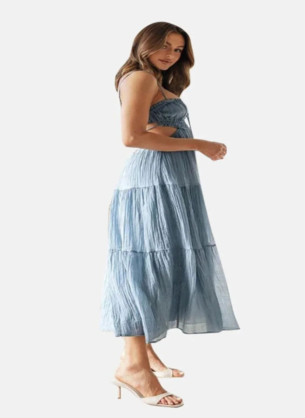 long flowy dress', 'open back dress', 'wedding guest outfit', 'lightweight travel dress', and 'adjustable bodice dress