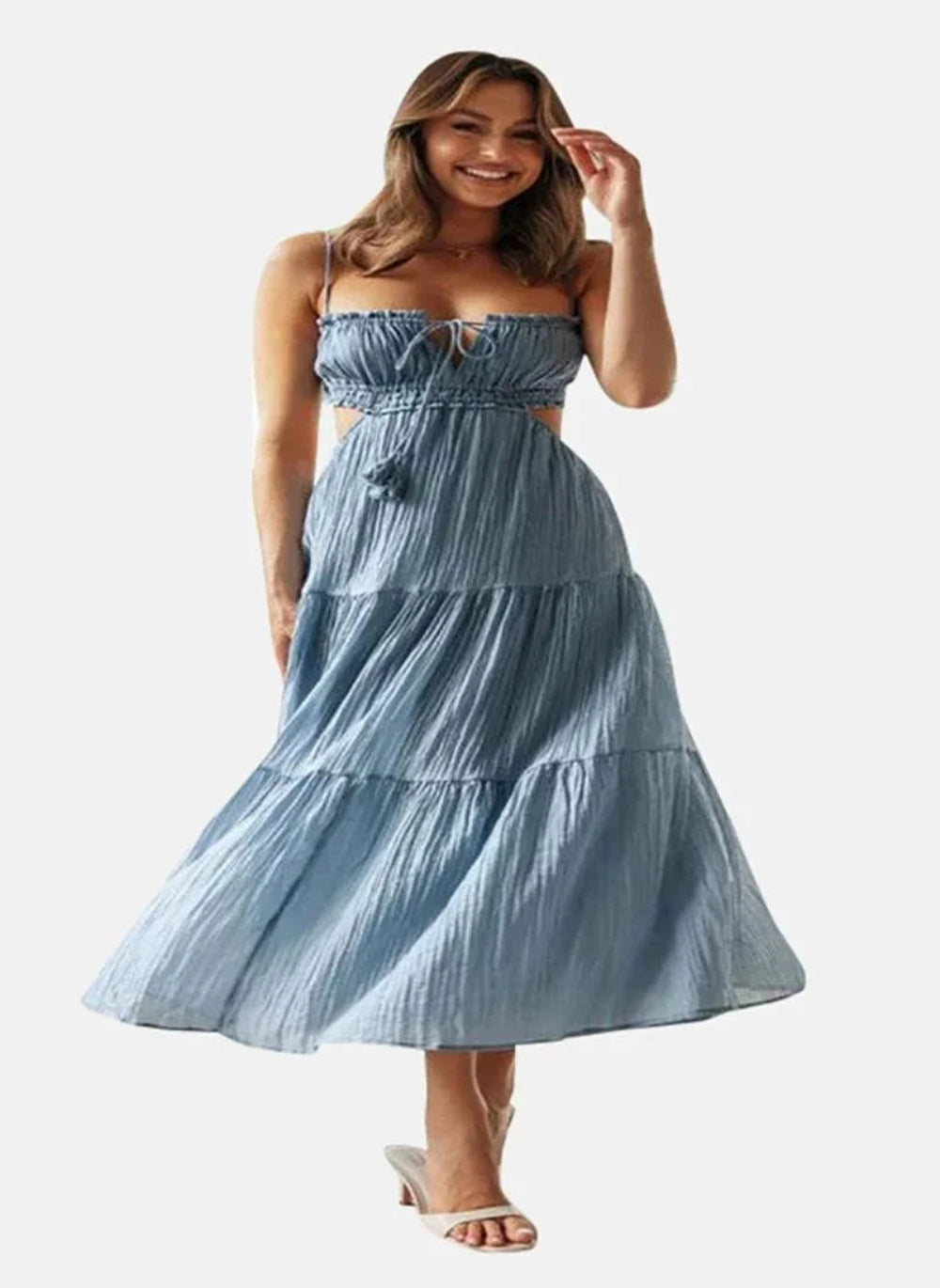 long flowy dress', 'open back dress', 'wedding guest outfit', 'lightweight travel dress', and 'adjustable bodice dress