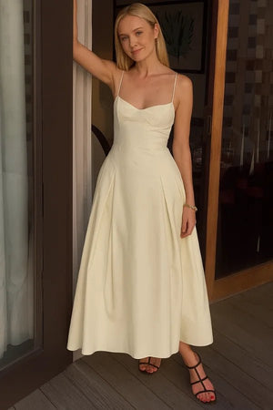 Ivory A-Line Midi Dress with Pleated Skirt | Sculpted Sweetheart Bodice & Spaghetti Straps | Formal Cocktail Summer Occasion Dress | Kouvr The Elowen Ivory A-Line Midi Dress with Pleated Skirt | Sculpted Sweetheart Bodice & Spaghetti Straps | Formal Cocktail Summer Occasion Dress | Kouvr The Elowen