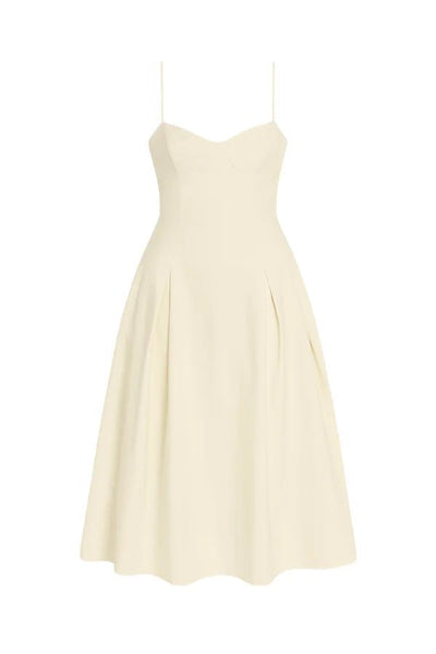 Ivory A-Line Midi Dress with Pleated Skirt | Sculpted Sweetheart Bodice &  Spaghetti Straps | Formal Cocktail Summer Occasion Dress