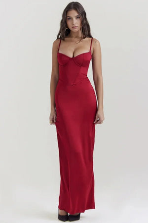 Satin Corset Maxi Gown | Formal Bustier Evening Dress with Boning | Long Bodycon Fit for Prom Wedding Guest | Black Red Pink | Kouvr Fashion Satin Corset Maxi Gown | Formal Bustier Evening Dress with Boning | Long Bodycon Fit for Prom Wedding Guest | Black Red Pink | Kouvr Fashion