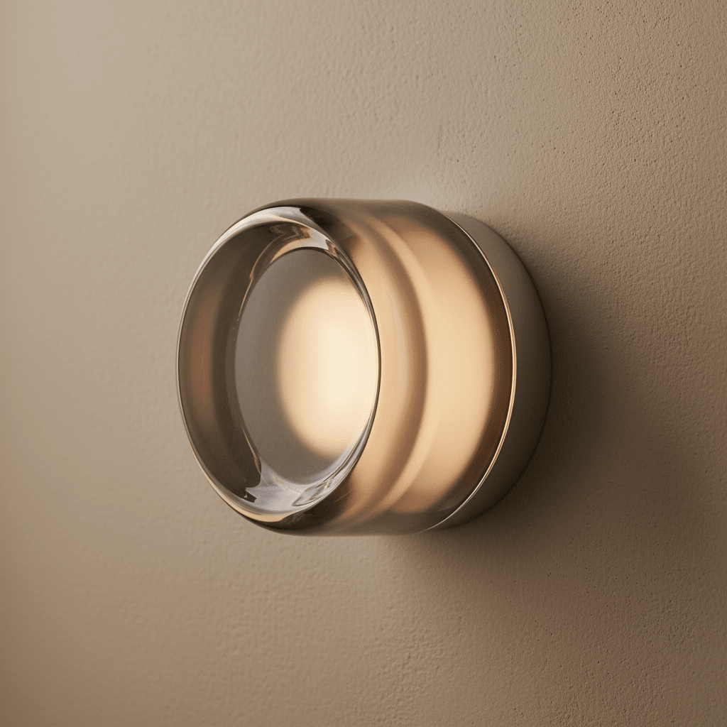 Close-up of a circular minimalist glass wall sconce emitting a warm amber glow against a textured beige plaster wall.