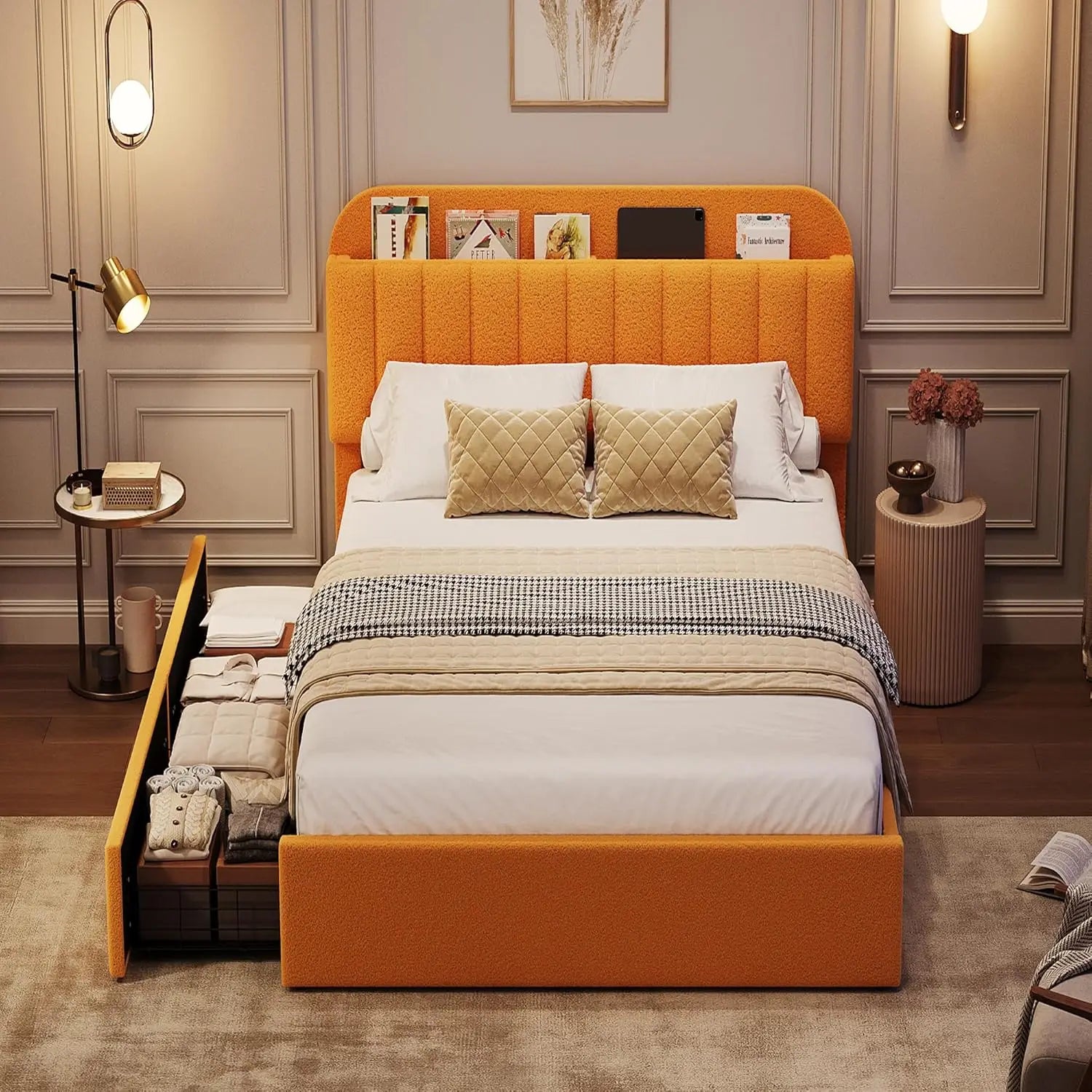 Twin Bed Frame with Storage Headboard Kids Bed Frame with 2 Drawers, Boucle Upholstered Platform Bed with Bookcase Easy Assembly
