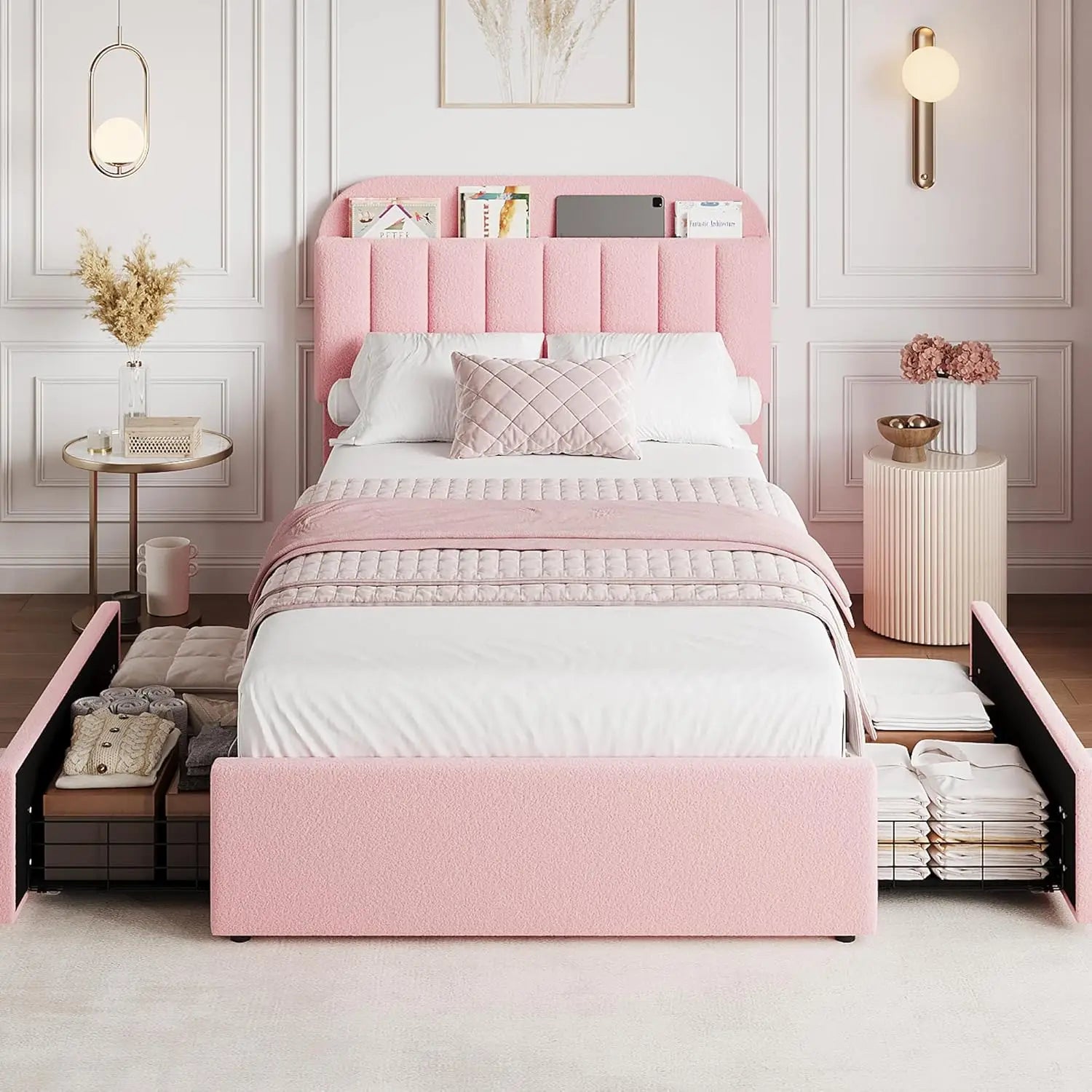 Twin Bed Frame with Storage Headboard Kids Bed Frame with 2 Drawers, Boucle Upholstered Platform Bed with Bookcase Easy Assembly