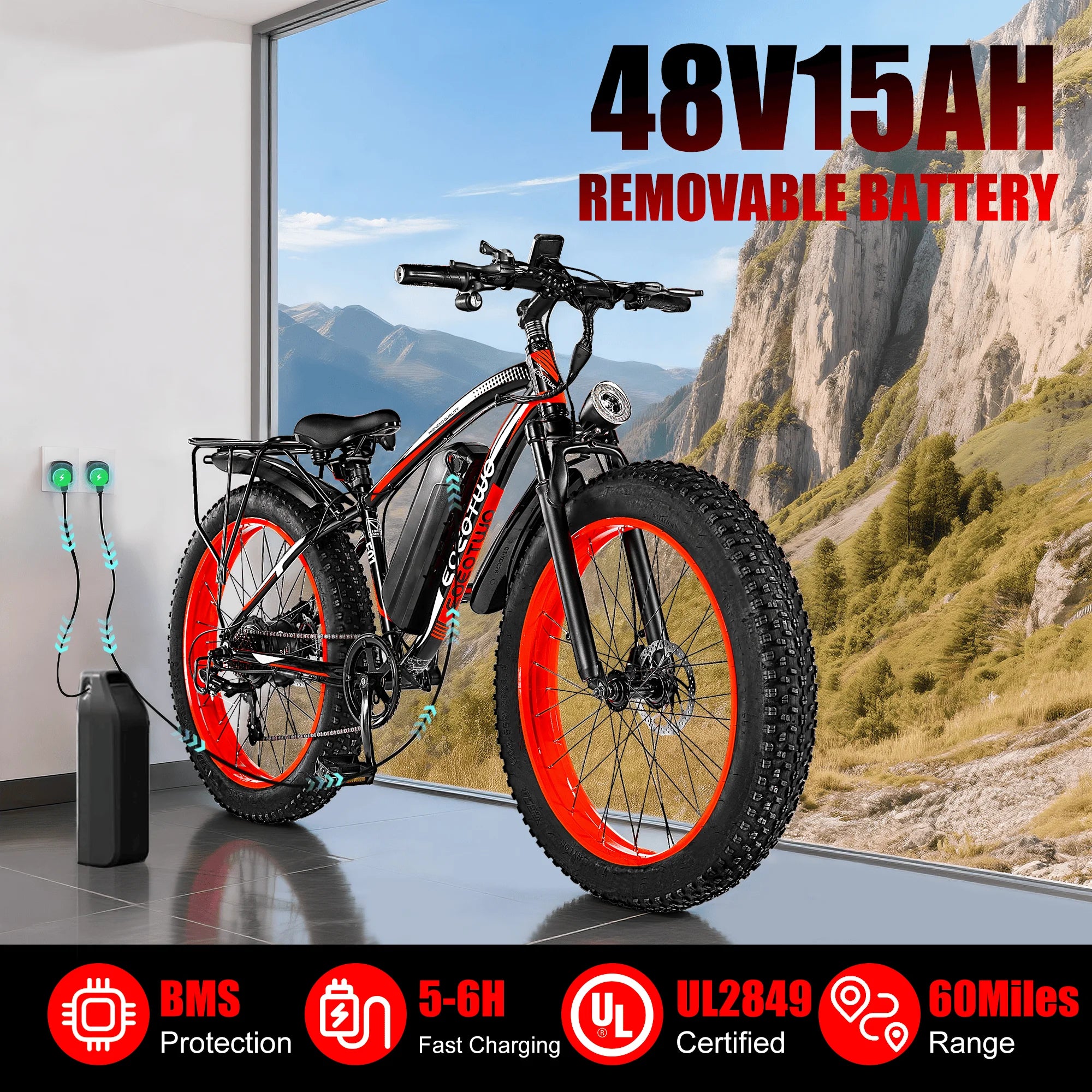 Electric Bike Fat Tire Ebike Mountain Bicycle 48V 15Ah Battery Off Road Adult Snow Electric Motorcycle High Speed All Terrain Trail Commuter