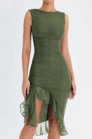 Charlotte Bodycon Ruffle Asymmetric Dress Kouvr Fashion - Sleeveless Ruched Midi Party Gown Charlotte Bodycon Ruffle Asymmetric Dress Kouvr Fashion - Sleeveless Ruched Midi Party Gown
