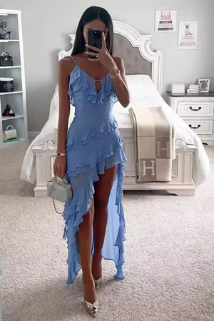 Cornflower Blue Ruffle Maxi Dress by Kouvr Fashion