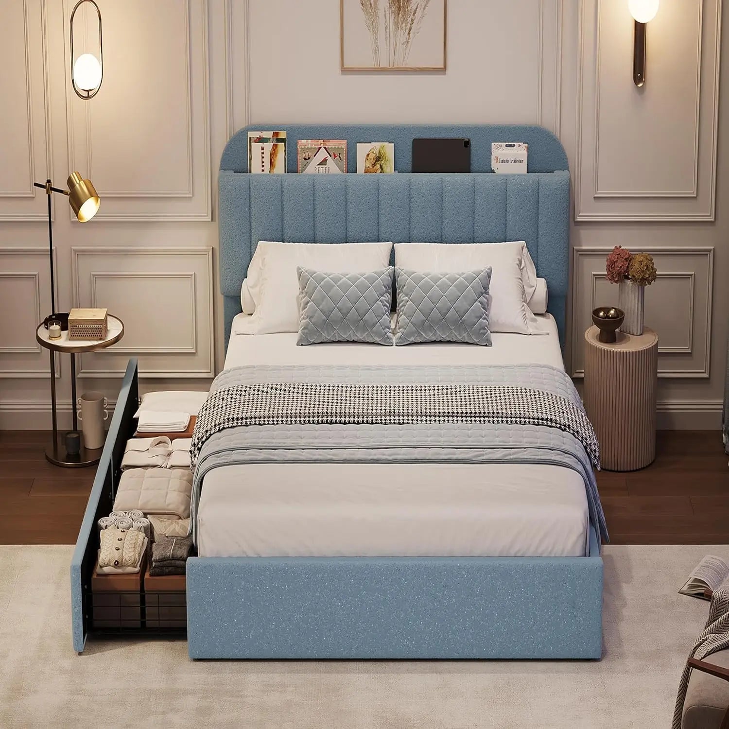 Twin Bed Frame with Storage Headboard Kids Bed Frame with 2 Drawers, Boucle Upholstered Platform Bed with Bookcase Easy Assembly