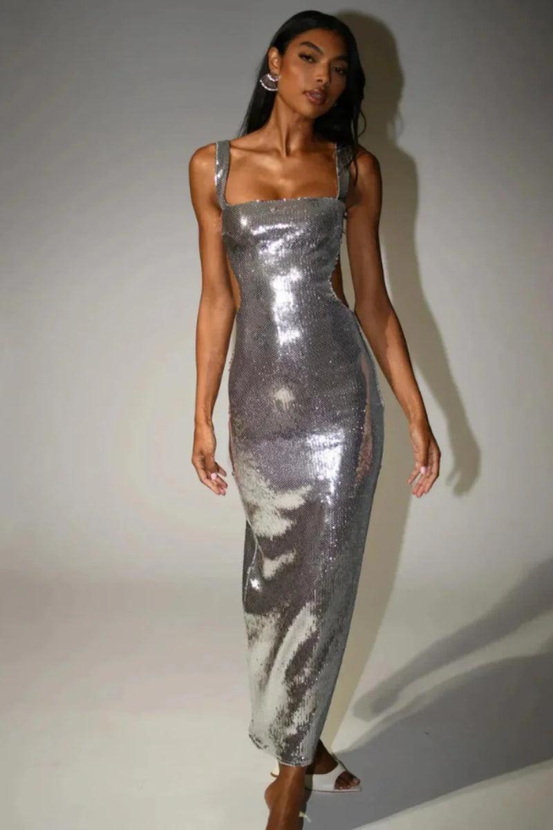Silver Sequin Backless Maxi Dress | Square Neck Formal Evening Gown for  Party Gala & NYE | The Lumina Liquid Metal Gown by Kouvr Fashion