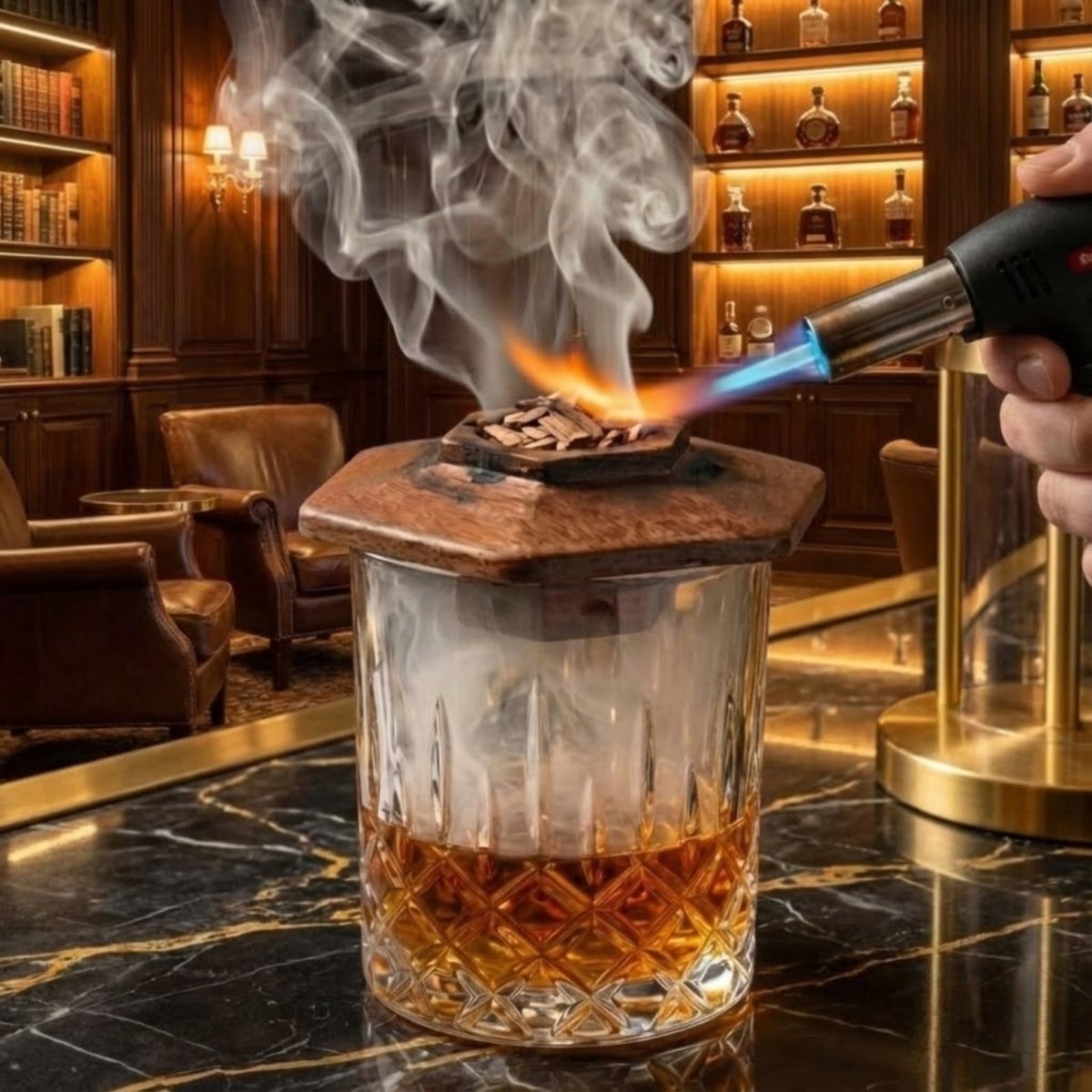 Premium Cocktail Smoker Kit for Whiskey & Bourbon – Wooden Drink Smoker Top with 4 Wood Chip Flavors – Old Fashioned Infuser Set