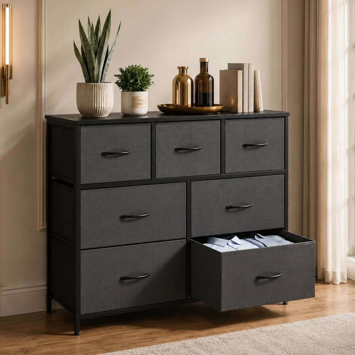 Harper Wide Storage Chest | Rustic Industrial 7-Drawer Dresser