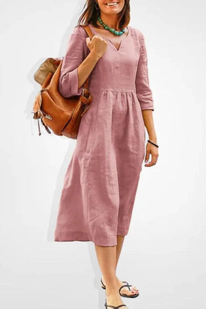 Kouvr Fashion Women's Linen Blend V-Neck Midi Dress - Casual Summer Flowy Kouvr Fashion Women's Linen Blend V-Neck Midi Dress - Casual Summer Flowy