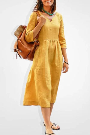 Kouvr Fashion Women's Linen Blend V-Neck Midi Dress - Casual Summer Flowy Kouvr Fashion Women's Linen Blend V-Neck Midi Dress - Casual Summer Flowy