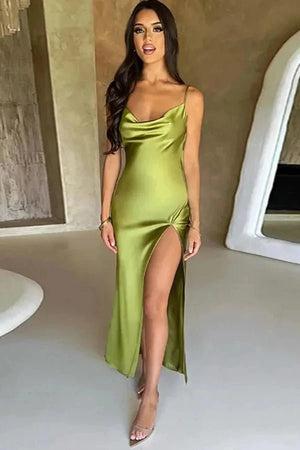 Celestina Satin Maxi Dress - Kouvr Fashion Women's Cowl Neck High Split Gown Celestina Satin Maxi Dress - Kouvr Fashion Women's Cowl Neck High Split Gown