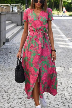 Women's Boho Floral Print Tie Waist Asymmetrical Hem Dress By Kouvr Fashion Women's Boho Floral Print Tie Waist Asymmetrical Hem Dress By Kouvr Fashion