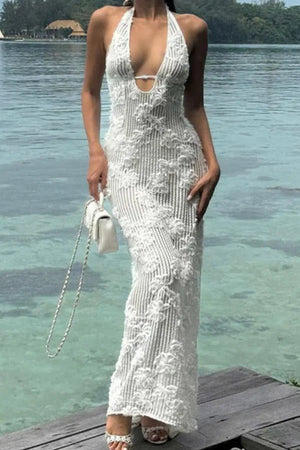 White Maxi Crochet Dress - Kouvr Fashion - Backless Halter Neck White Maxi Crochet Dress - Kouvr Fashion - Backless Halter Neck