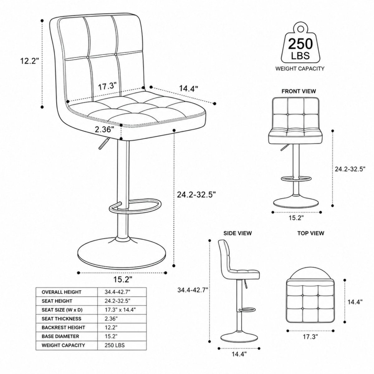 Detailed dimension schematic for adjustable bar stool showing seat height range of 24.2 to 32.5 inches and 250 lbs weight capacity.
