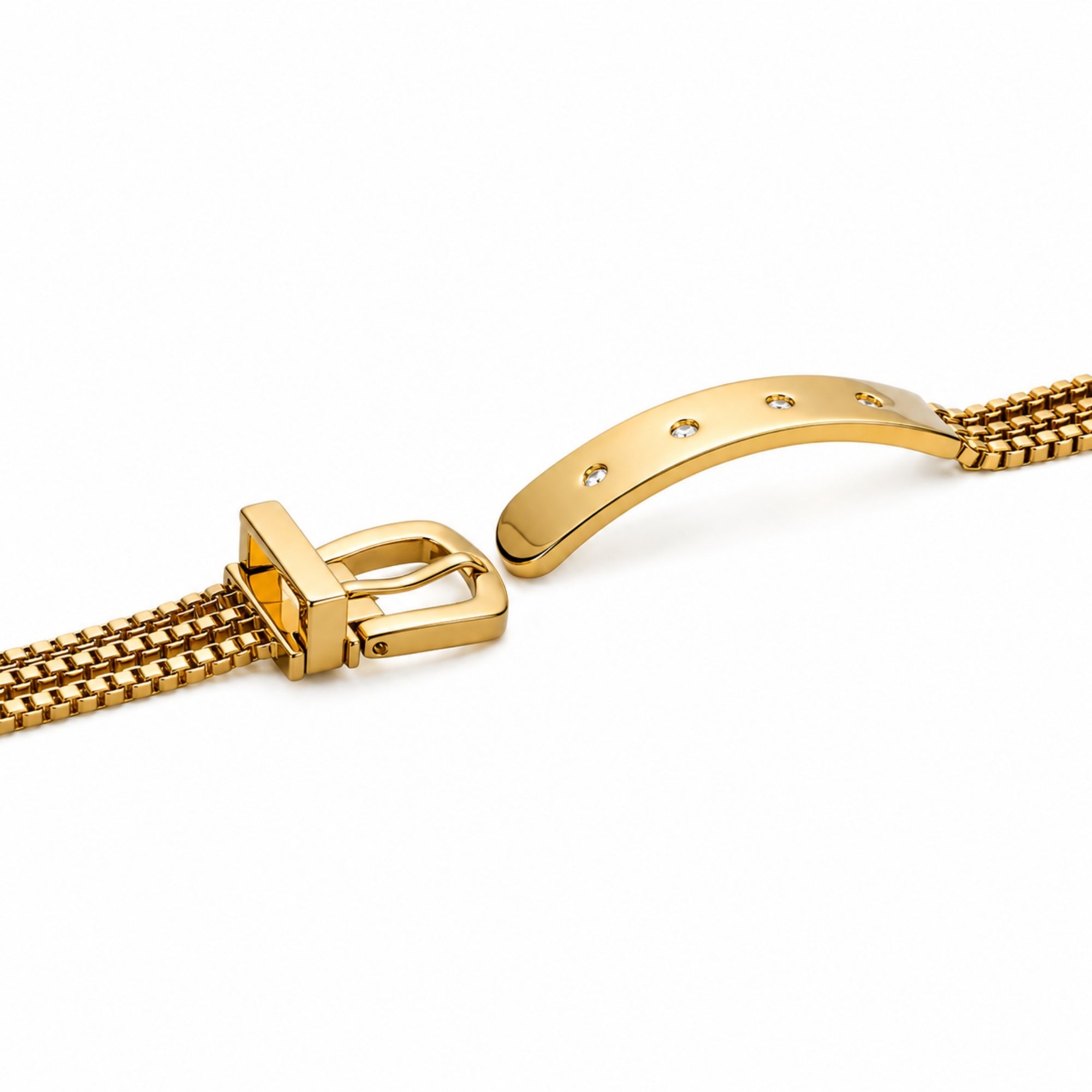 Close up of the adjustable gold multi-strand chain strap and secure buckle clasp featuring delicate crystal accents.
