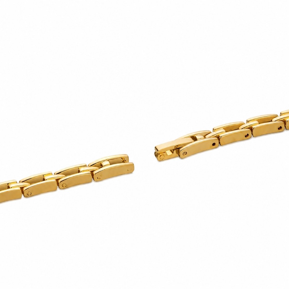 Detailed macro shot of the adjustable gold stainless steel jewelry clasp links designed for a custom fit watch strap.