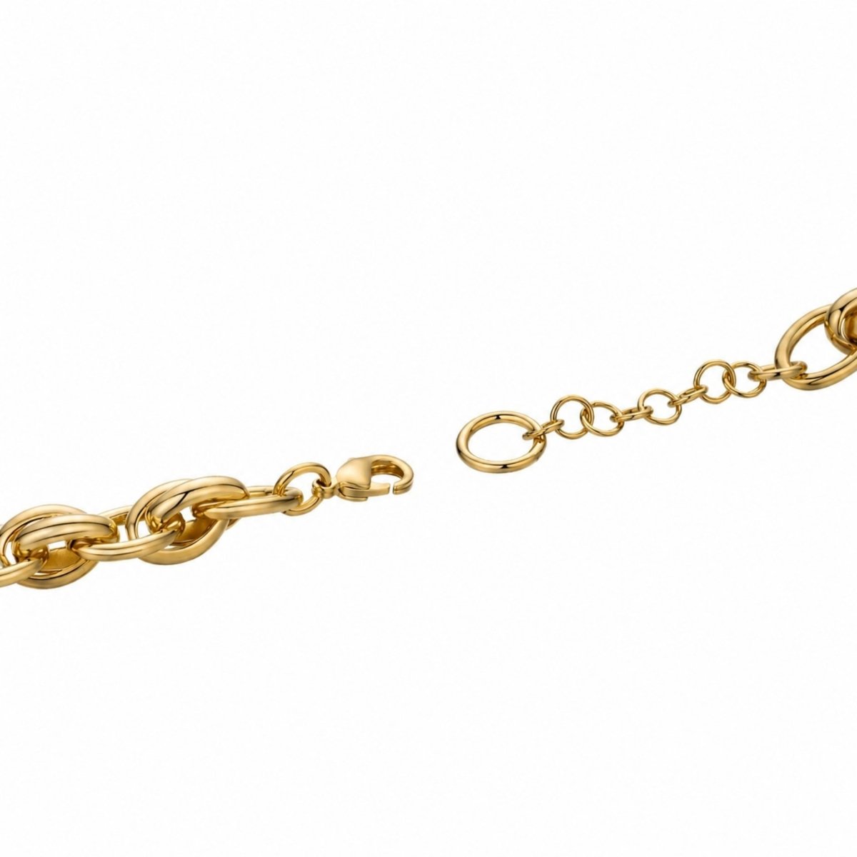 Close up detail of adjustable gold lobster clasp and sizing rings on women's chain link watch