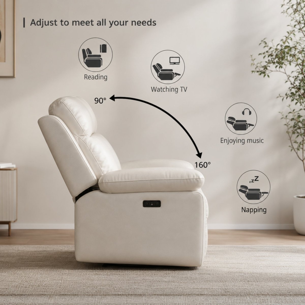 Side profile of white recliner showing adjustable power reclining angles from 90 degrees for reading to 160 degrees for napping.